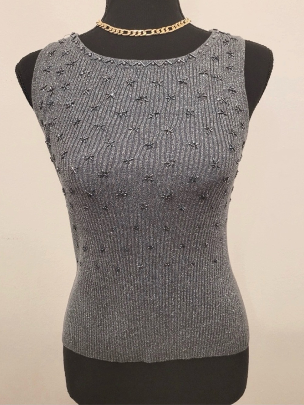 Vintage Caché Y2K Tank Top | Metallic Silver Beaded Ribbed Knit Going Out Top S